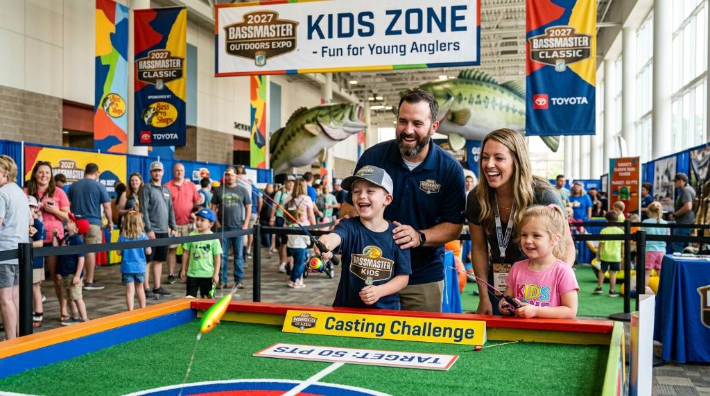 Family with children enjoying the Kids Zone activities at the 2027 Bassmaster Classic Outdoors Expo