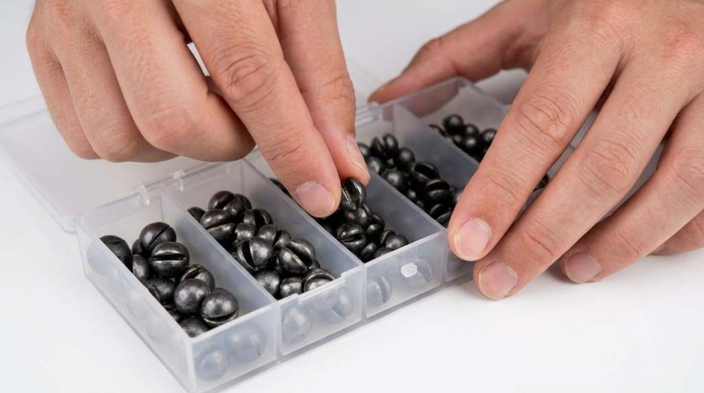 Angler attaching Sanweal split shot fishing weight to line