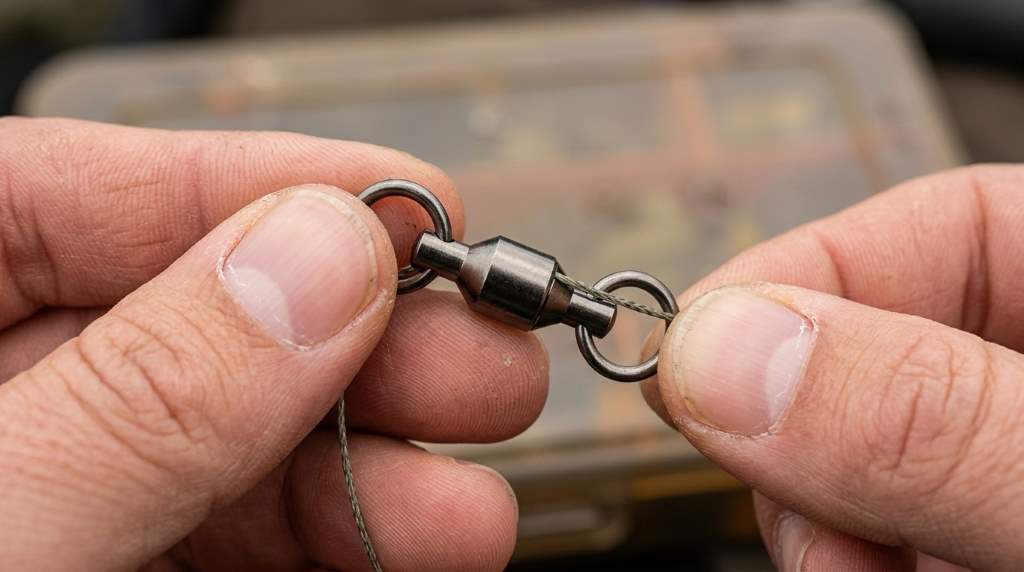 Angler attaching a lure to a ball bearing snap swivel