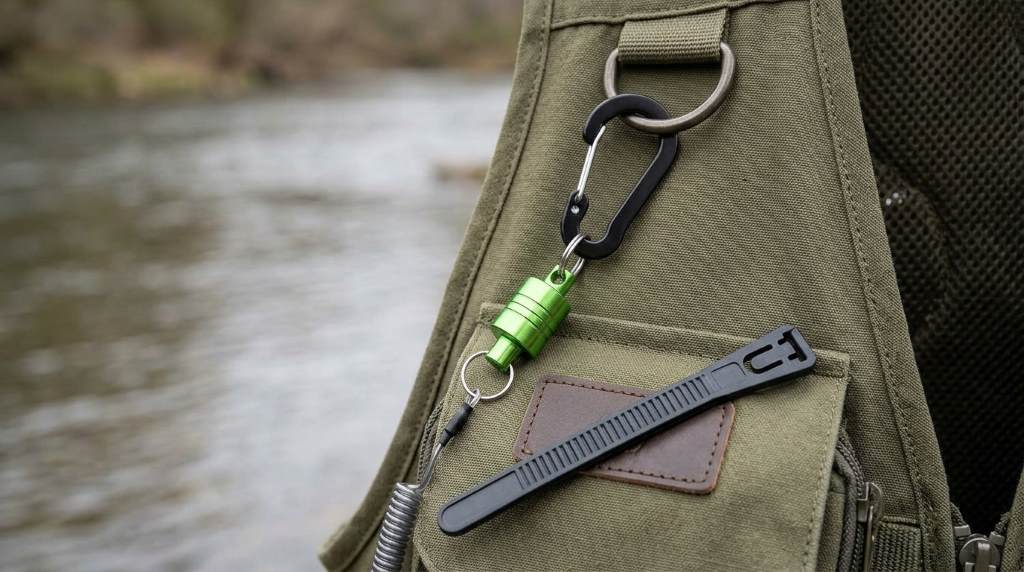 Angler attaching an SF magnetic fly fishing net release to a vest
