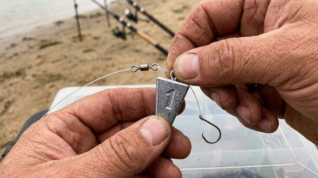 Angler casting a pyramid fishing weight with a surf fishing rod