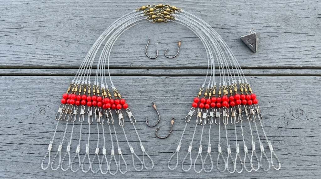 Angler rigging a Yoto saltwater fishing leader with swivel and hook