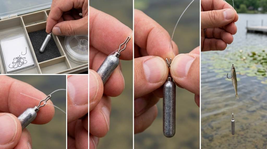 Angler setting up Reaction Tackle drop shot weights for bass fishing