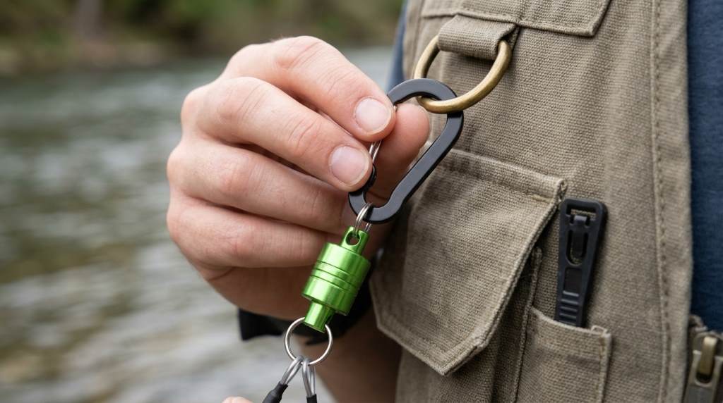 Angler using a magnetic net release while landing trout