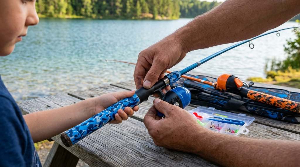 Child practicing casting with a telescopic fishing rod