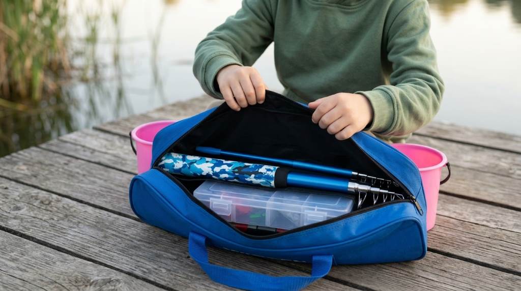 Child practicing safe casting with a kids fishing rod
