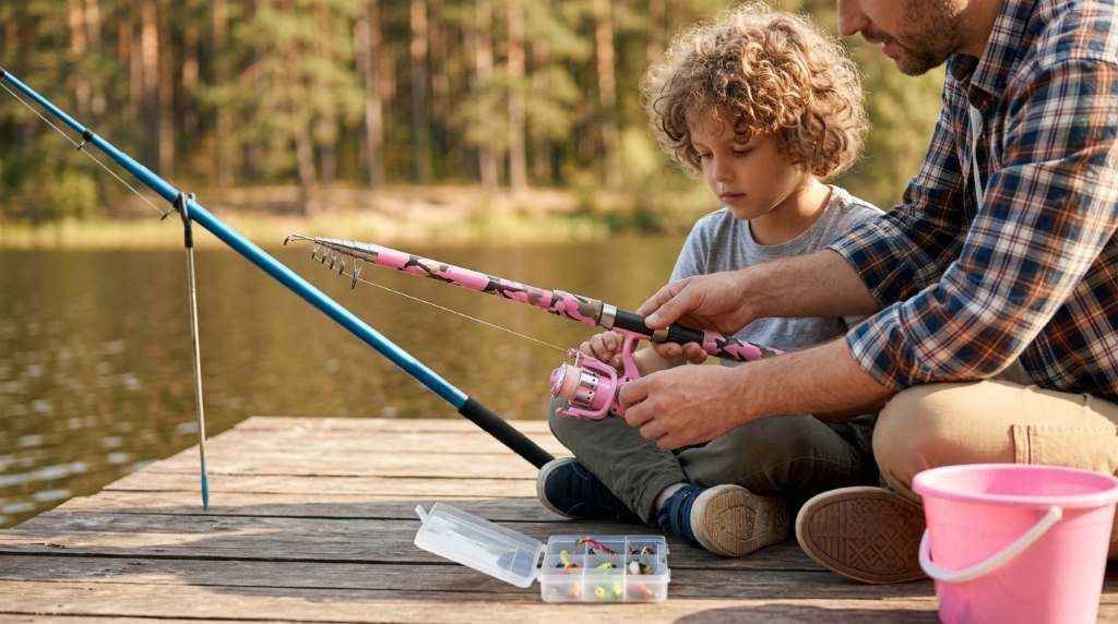 Child using a Widden kids fishing kit beside a calm fishing pond