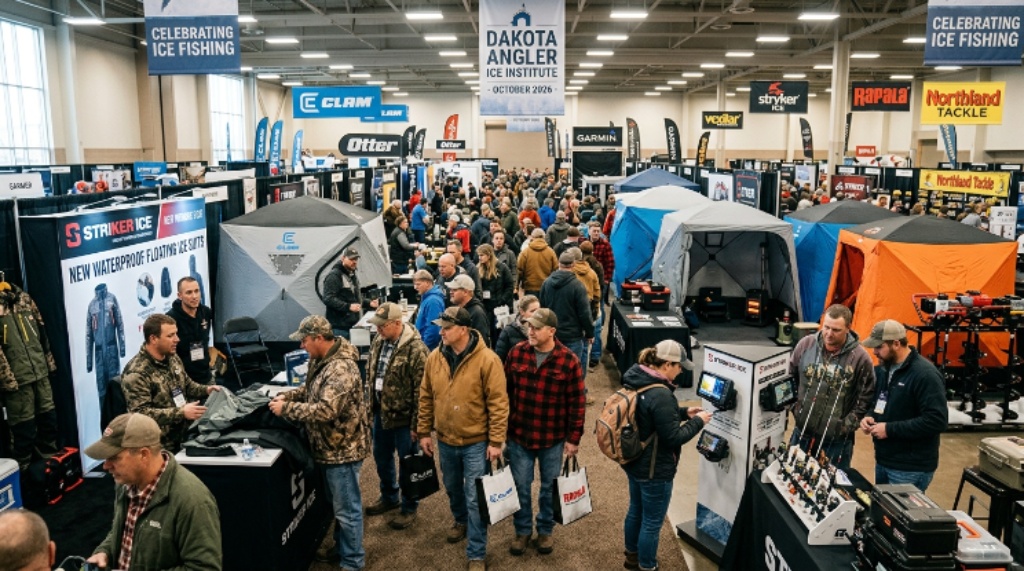 Visitors exploring fishing equipment booths at the Dakota Angler Ice Institute October 2026