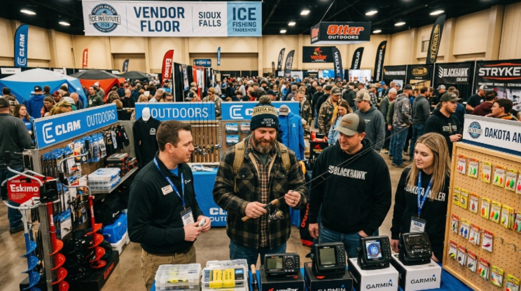 Speaker presenting ice fishing techniques at a seminar during the Dakota Angler Ice Institute