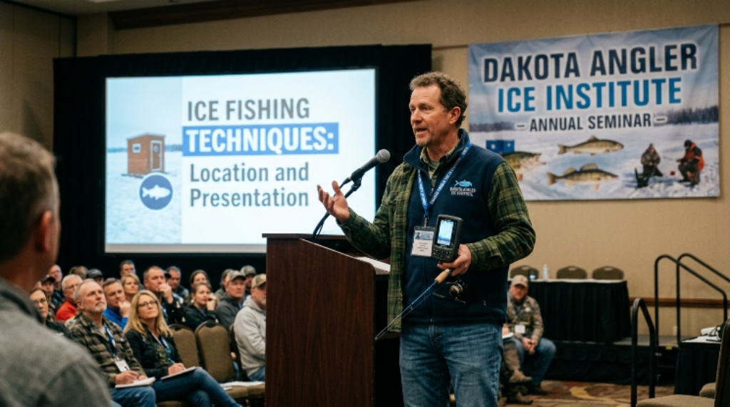 Anglers browsing ice fishing gear at the Dakota Angler Ice Institute 2026 vendor floor