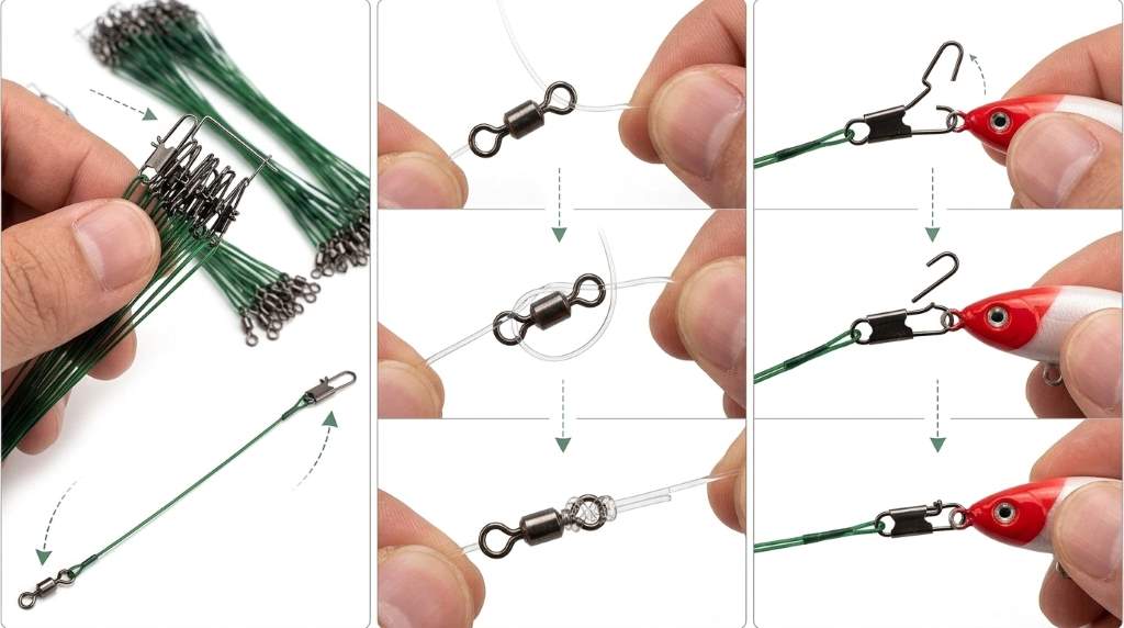 Fishing leader connected to hook and swivel correctly
