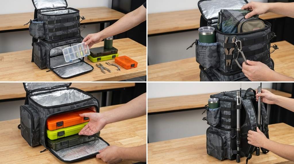 Fishing tackle boxes and pliers organized inside a Matein backpack
