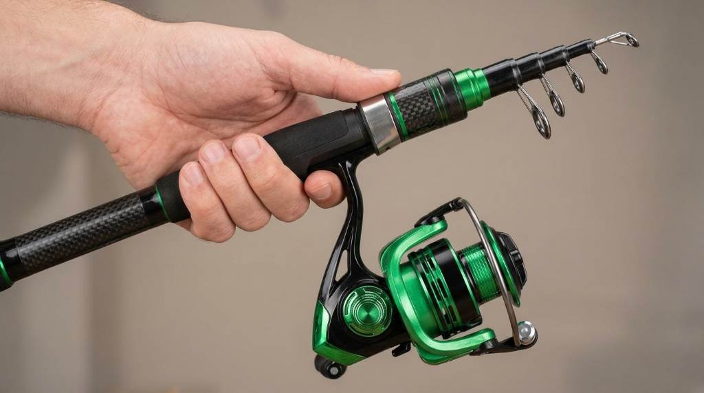 Ghosthorn telescopic fishing combo fully extended beside a fishing reel