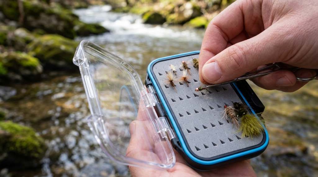 Gonex Double Sided Fly Box organized with fishing flies