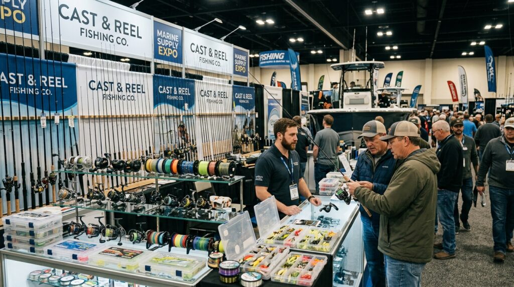 Fishing rods, reels, and tackle on display at an indoor fishing and boating trade show