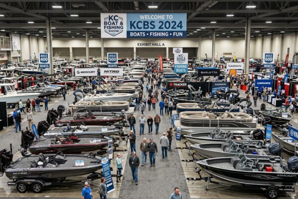 Rows of fishing and recreational boats on display at the KC Boat and Fishing Show indoor exhibition hall