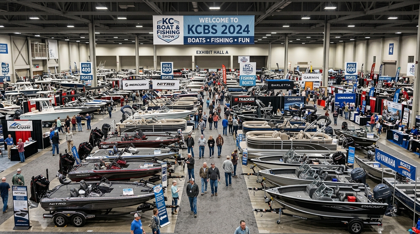 Rows of fishing and recreational boats on display at the KC Boat and Fishing Show indoor exhibition hall