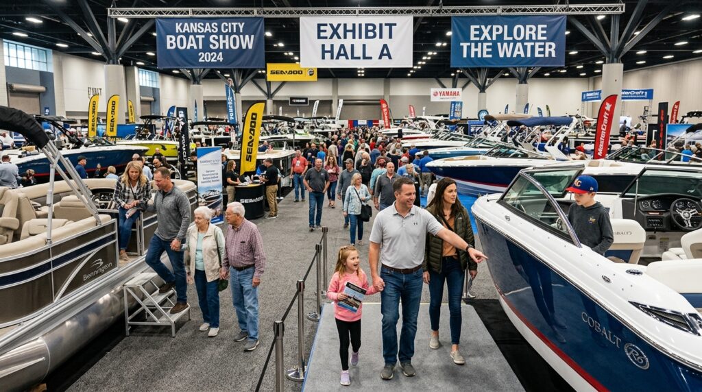 Families and visitors exploring boat exhibits at the Kansas City Convention Center boat show