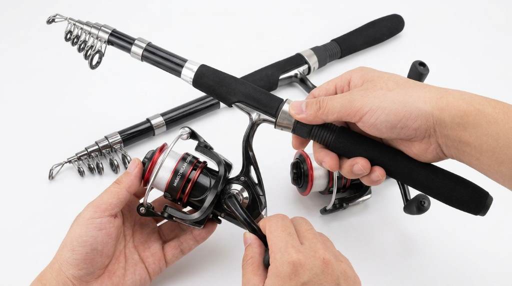 Ministoream telescopic fishing rod and spinning reel setup