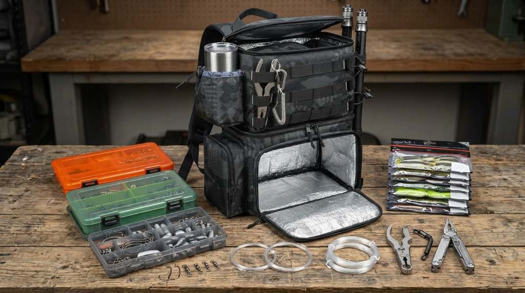Organized Matein fishing backpack with tackle boxes and fishing tools