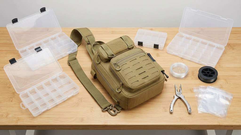 Piscifun tackle bag compartments holding hooks and soft plastics