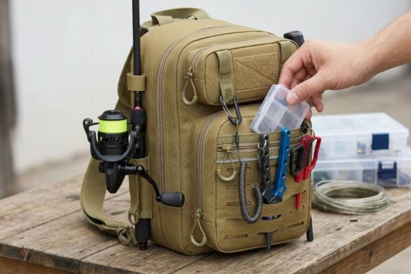 Piscifun tackle bag organized with labeled fishing tackle boxes