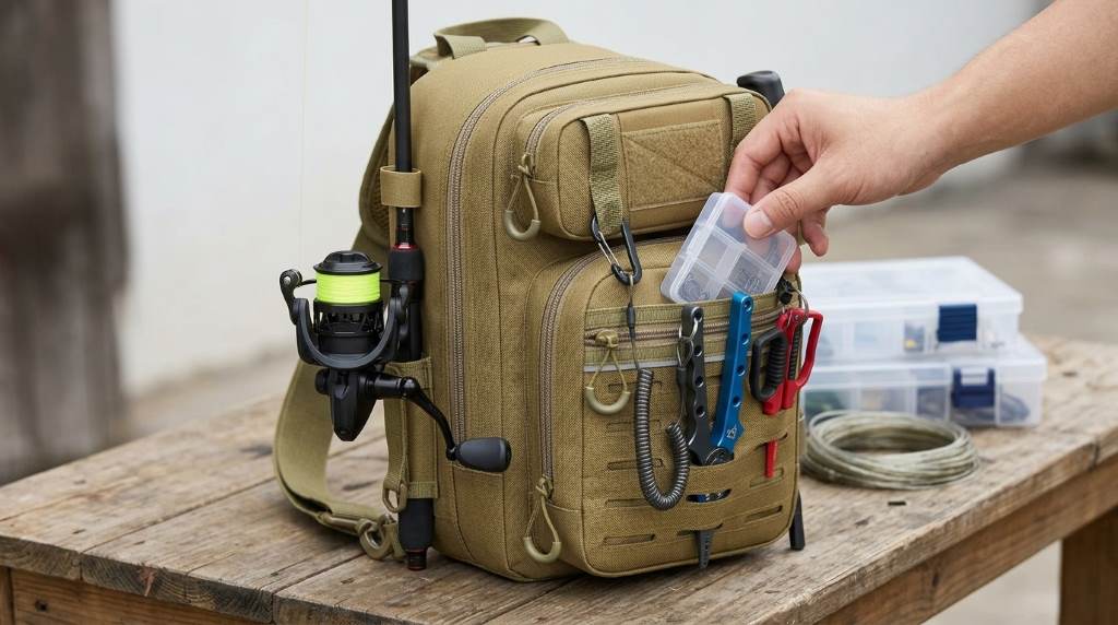Piscifun tackle bag organized with labeled fishing tackle boxes