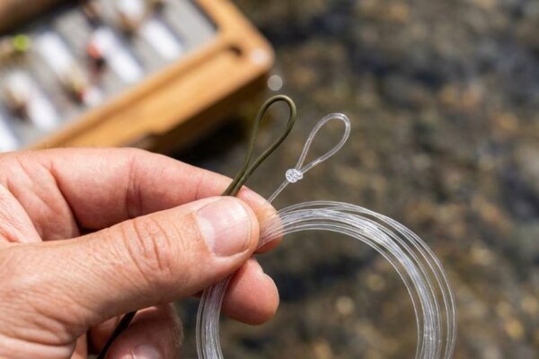 SF tapered fly fishing leader connected to fly line