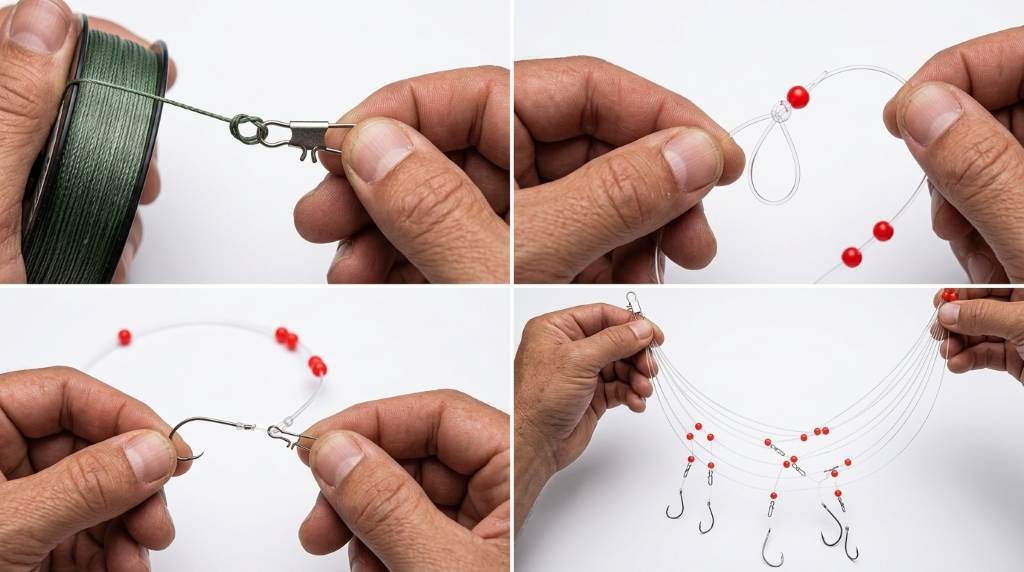 Saltwater fishing leader with sinker swivel and bait hook setup