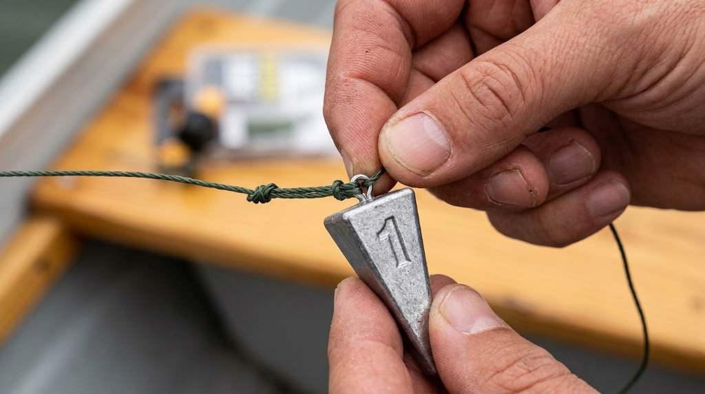 TKHDBF pyramid fishing weight attached to a surf fishing rig
