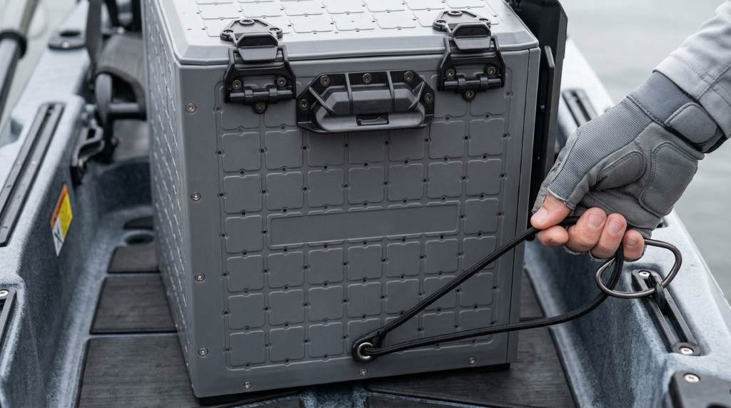 YakAttack BlackPak Pro fishing crate installed in kayak tankwell