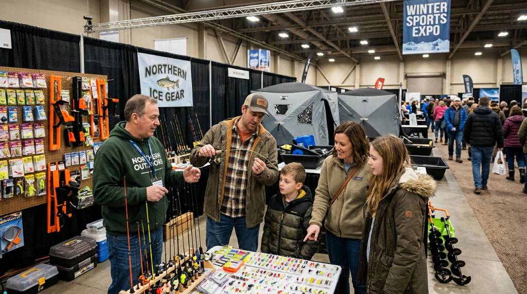 Family looking at ice fishing rods and tackle at a winter sports expo booth
