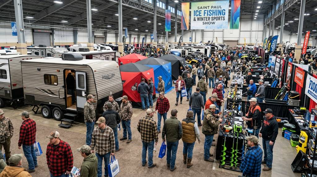 Anglers browsing fish houses and gear at an indoor ice fishing show in Saint Paul