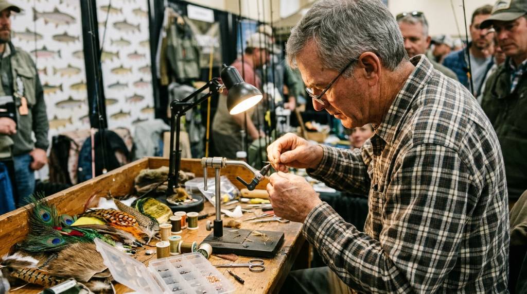 Fly tier building a trout fly at a demonstration bench