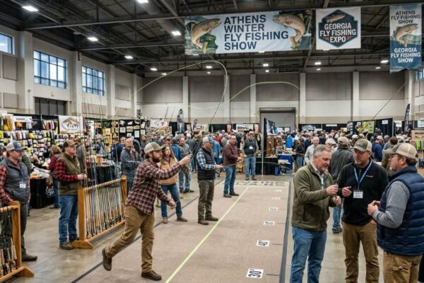 Anglers testing fly rods at a winter fly fishing show in Athens, Georgia