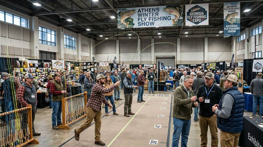 Anglers testing fly rods at a winter fly fishing show in Athens, Georgia